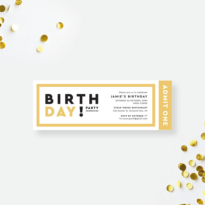 Modern men’s birthday ticket invitations for milestone celebrations and party passes.