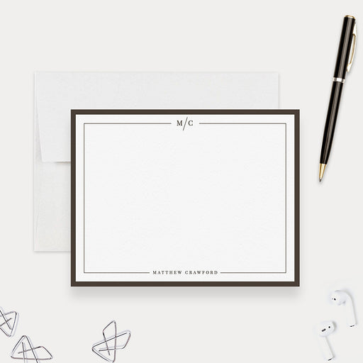 Personalized men’s monogram note card with black border and initials