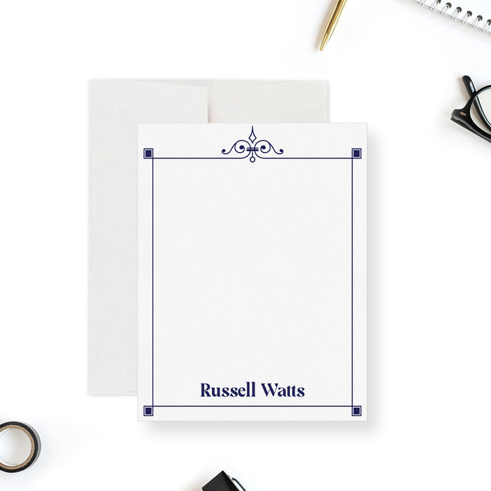 Personalized men’s note card with elegant frame design and monogram