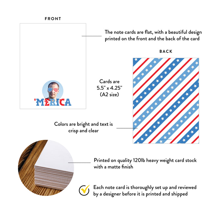Front and back of personalized merica photo note cards showing A2 dimensions and matte cardstock details.