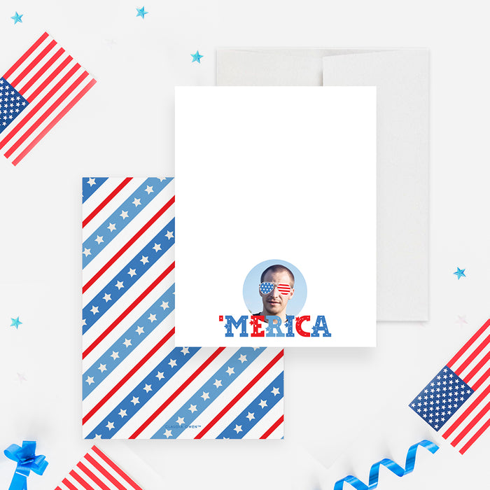 White Merica note card with a circular portrait photo, beside a red white and blue diagonal striped back with stars.