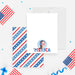 White Merica note card with a circular portrait photo, beside a red white and blue diagonal striped back with stars.