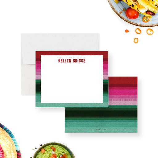 Personalized Mexican serape note cards with a colorful striped border inspired by traditional Mexican blankets, custom name, and blank space for messages-front-back