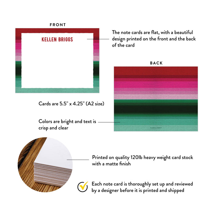 Product details for personalized mexican serape note cards: front and back designs, A2 size, matte cardstock, and design proof.