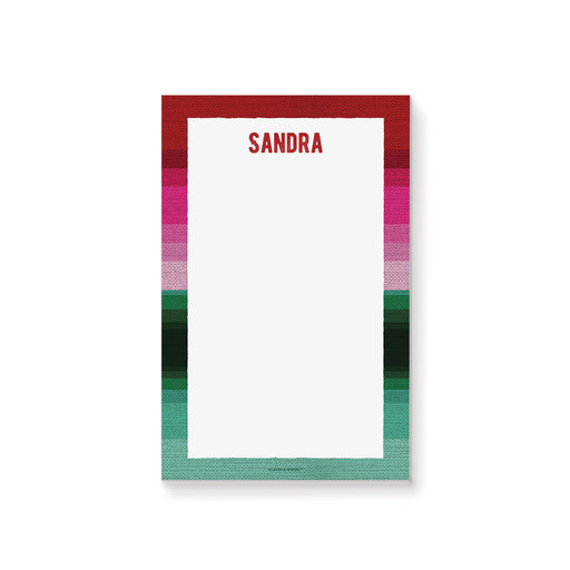 Personalized Mexican serape notepad with a colorful striped border inspired by traditional Mexican blankets, custom name, and a spacious writing area