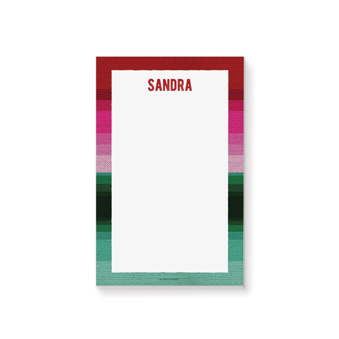 Personalized Mexican serape notepad with a colorful striped border inspired by traditional Mexican blankets, custom name, and a spacious writing area