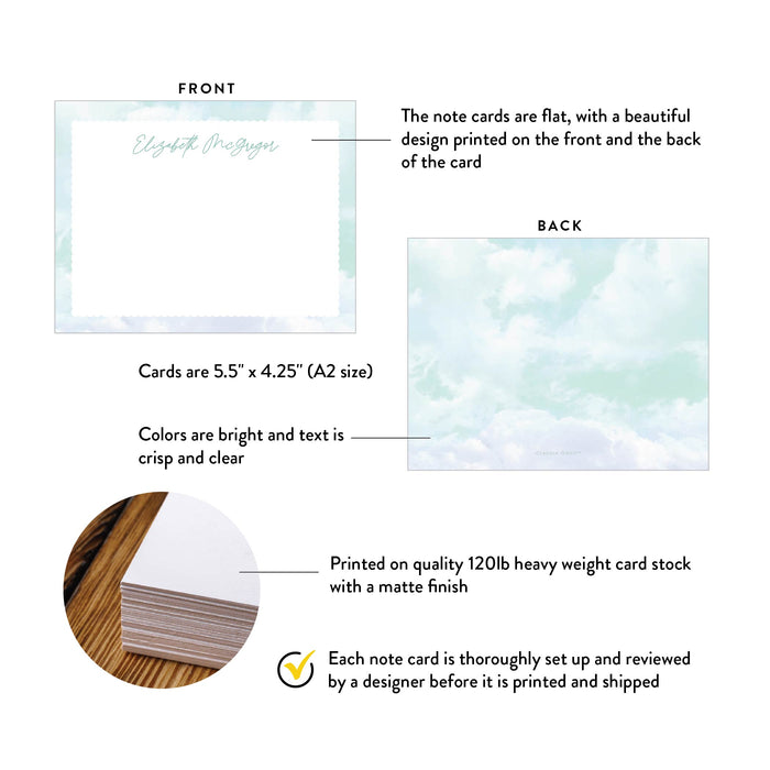 Front and back of personalized mint cloud note cards showing A2 dimensions and matte cardstock details.
