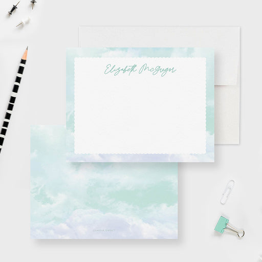 Personalized note cards with a soft mint cloud border around the white writing panel and a mint and white cloudy reverse.