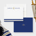 Tallit inspired mitzvah note cards with navy and printed gold stripes and a Star of David on white; initials and a matching star on the navy back.
