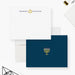 Mitzvah note cards with a name and printed gold Star of David on the white front; printed gold menorah on a deep blue back.