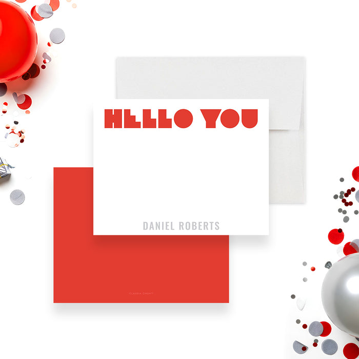 personalized note card with bold red Hello You lettering, custom name, white writing space, and modern red and gray design-front-back
