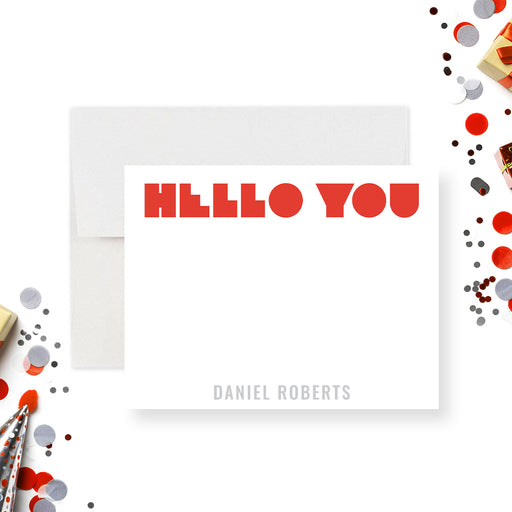 personalized note card with bold red Hello You lettering, custom name, white writing space, and modern red and gray design-front