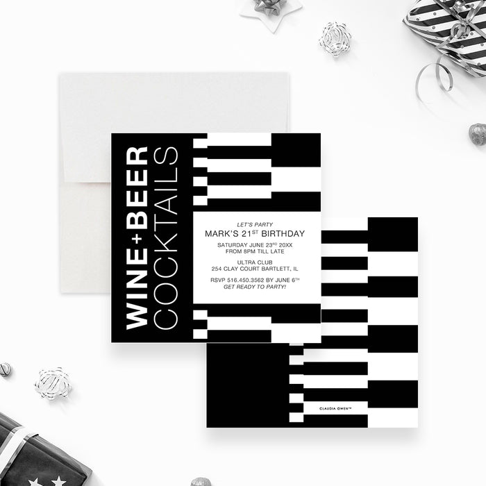 Personalized black-and-white 21st birthday invitation for men with geometric blocks, honoree’s name, date, venue and RSVP details-front-back