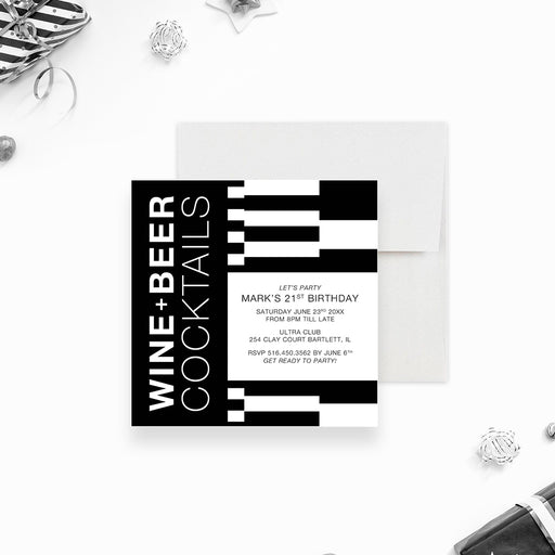 Personalized black-and-white 21st birthday invitation for men with geometric blocks, honoree’s name, date, venue and RSVP details-front