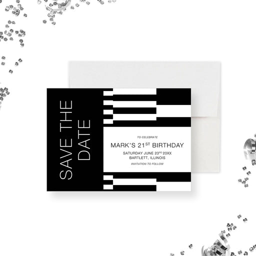 Personalized black-and-white 21st birthday save the date card with geometric blocks, honoree’s name, date and invitation to follow wording-front