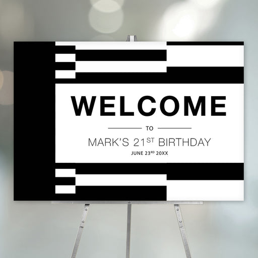 Personalized black and white 21st birthday welcome sign for men with custom name, celebration date and bold geometric block pattern