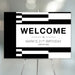 Personalized black and white 21st birthday welcome sign for men with custom name, celebration date and bold geometric block pattern