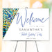 Personalized modern 30th birthday welcome sign with Samantha’s name, blue script, celebration date and colorful abstract artwork
