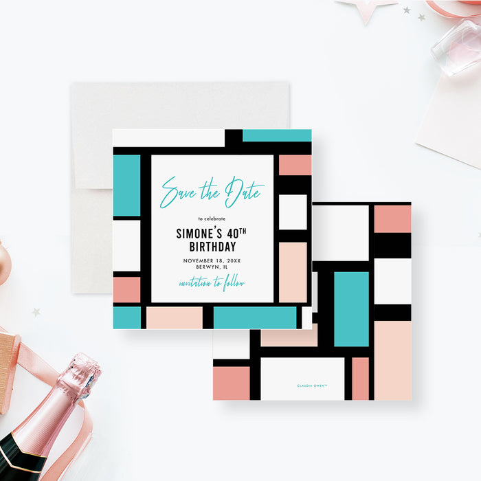 Personalized geometric 40th birthday save the date card with black border, aqua and blush color blocks, honoree’s name, date and invitation to follow-front-back