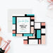 Personalized geometric 40th birthday save the date card with black border, aqua and blush color blocks, honoree’s name, date and invitation to follow-front-back