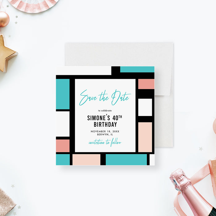 Personalized geometric 40th birthday save the date card with black border, aqua and blush color blocks, honoree’s name, date and invitation to follow-front