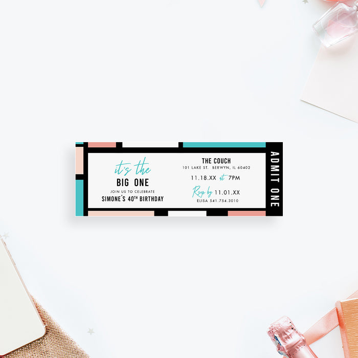 Personalized geometric 40th birthday ticket invitation with black border, aqua and blush color blocks, party details and Admit One wording