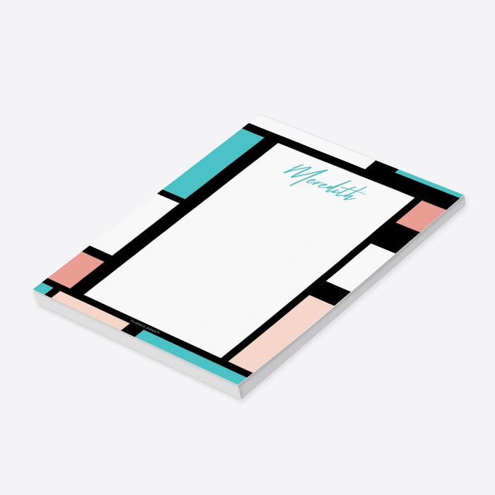 Personalized geometric color block notepad with custom name, black border, aqua and blush accents and spacious blank writing area-side