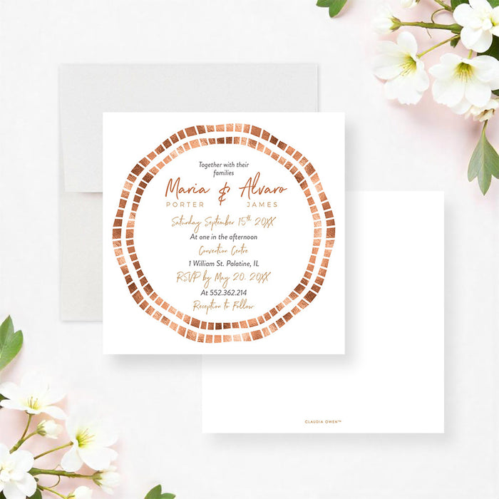 Personalized modern wedding invitation with double circular mosaic border in warm copper, peach and brown, script names and centered ceremony details-front-back