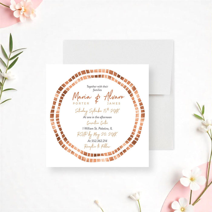 Personalized modern wedding invitation with double circular mosaic border in warm copper, peach and brown, script names and centered ceremony details-front