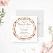 Personalized modern wedding invitation with double circular mosaic border in warm copper, peach and brown, script names and centered ceremony details-front