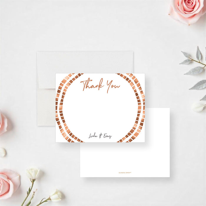 Personalized wedding thank you card with Thank You script, couple names, large handwritten message area and circular geometric border in warm copper tones-front-back