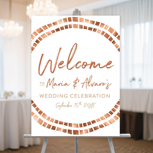 Personalized printed wedding welcome sign with couple names, wedding date, large script Welcome heading and double geometric circle border in warm copper tones