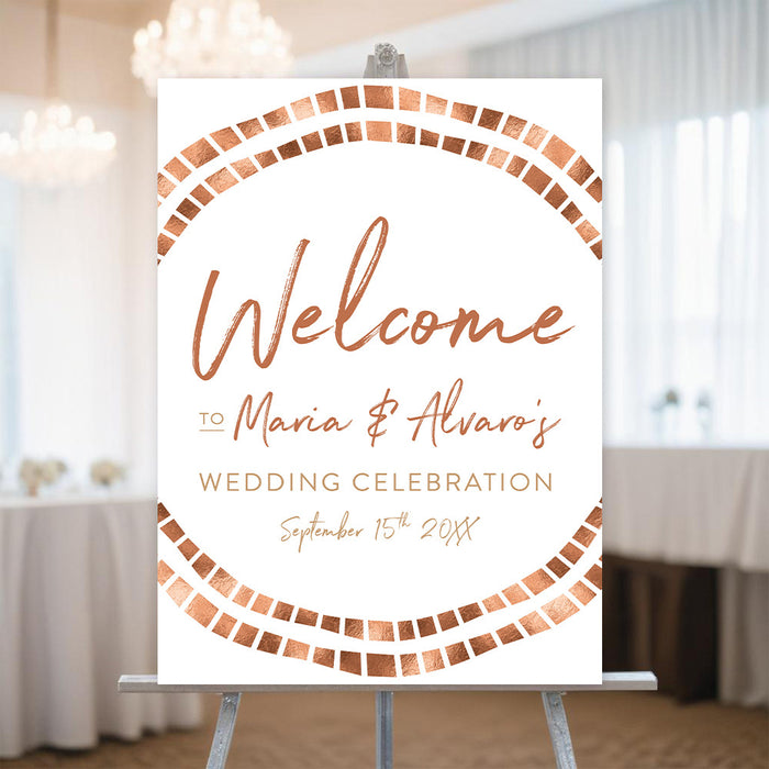 Personalized photo wedding save the date card with circular couple photo, double geometric mosaic border, names, wedding date and warm copper accents-front