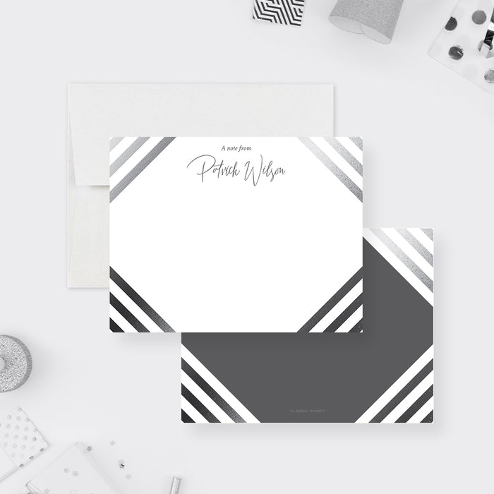 Personalized modern gray striped note card for men with name, black-and-white diagonal corner stripes and blank writing area-front-back
