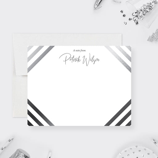 Personalized modern gray striped note card for men with name, black-and-white diagonal corner stripes and blank writing area-front
