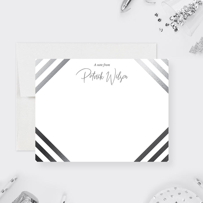 Personalized modern gray striped note card for men with name, black-and-white diagonal corner stripes and blank writing area-front