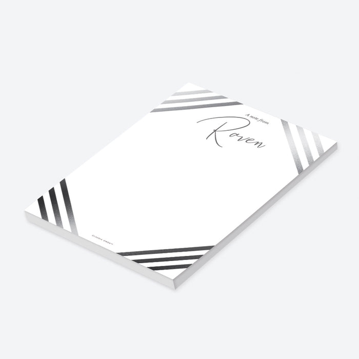 Personalized modern gray striped notepad for men with custom name, black-and-white diagonal corner stripes and spacious blank writing area-side