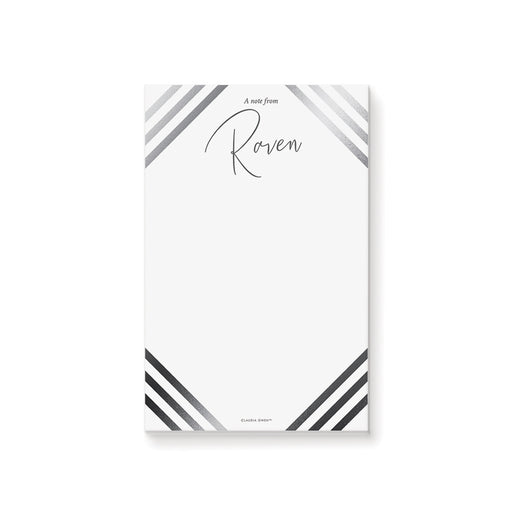 Personalized modern gray striped notepad for men with custom name, black-and-white diagonal corner stripes and spacious blank writing area