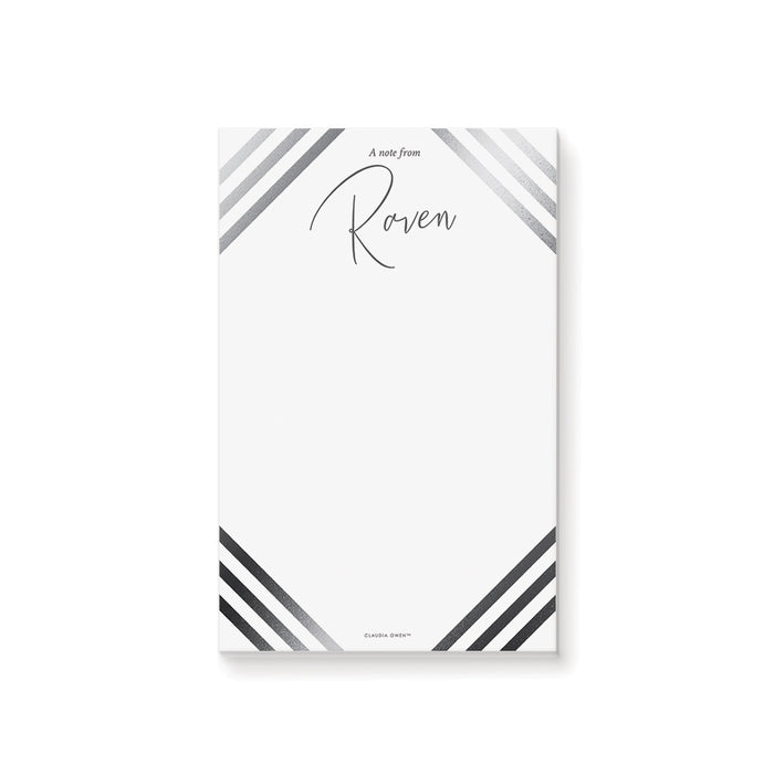 Personalized modern gray striped notepad for men with custom name, black-and-white diagonal corner stripes and spacious blank writing area