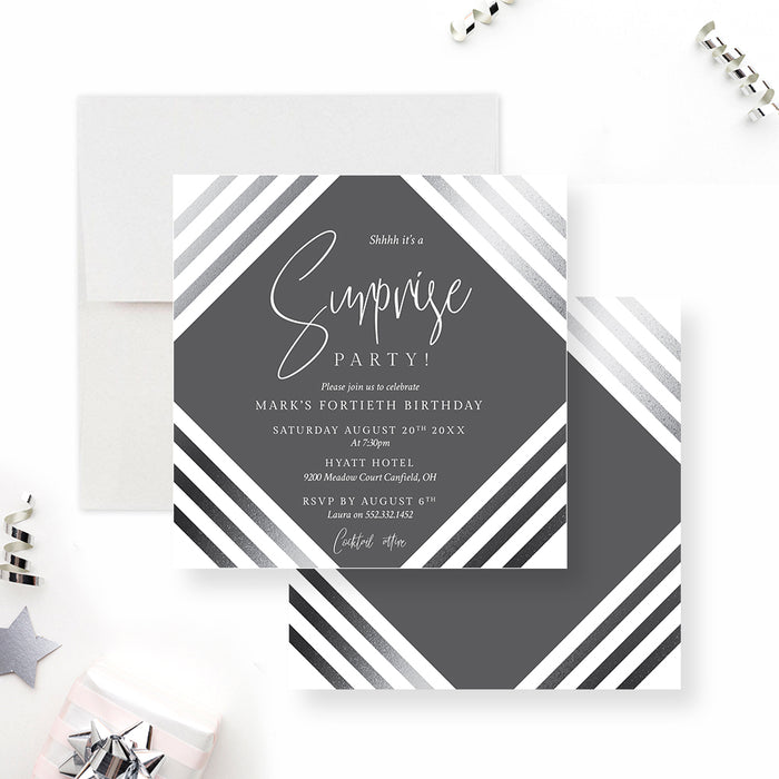 Personalized modern gray surprise 40th birthday invitation for men with honoree’s name, date, venue, RSVP details and black-and-white diagonal stripes-front-back