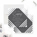 Personalized modern gray surprise 40th birthday invitation for men with honoree’s name, date, venue, RSVP details and black-and-white diagonal stripes-front-back