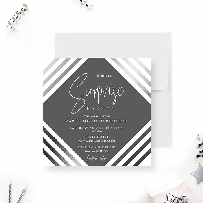 Personalized modern gray surprise 40th birthday invitation for men with honoree’s name, date, venue, RSVP details and black-and-white diagonal stripes-front
