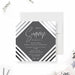Personalized modern gray surprise 40th birthday invitation for men with honoree’s name, date, venue, RSVP details and black-and-white diagonal stripes-front