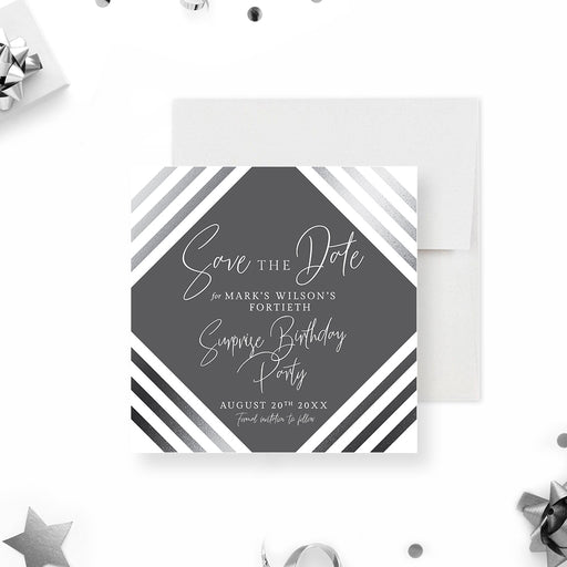 Personalized modern gray surprise 40th birthday save the date card with diagonal stripes, honoree’s name, party date and invitation to follow wording-front