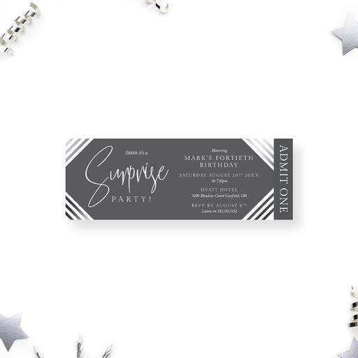 Personalized modern gray surprise 40th birthday ticket invitation for men with party details, diagonal stripes and Admit One wording
