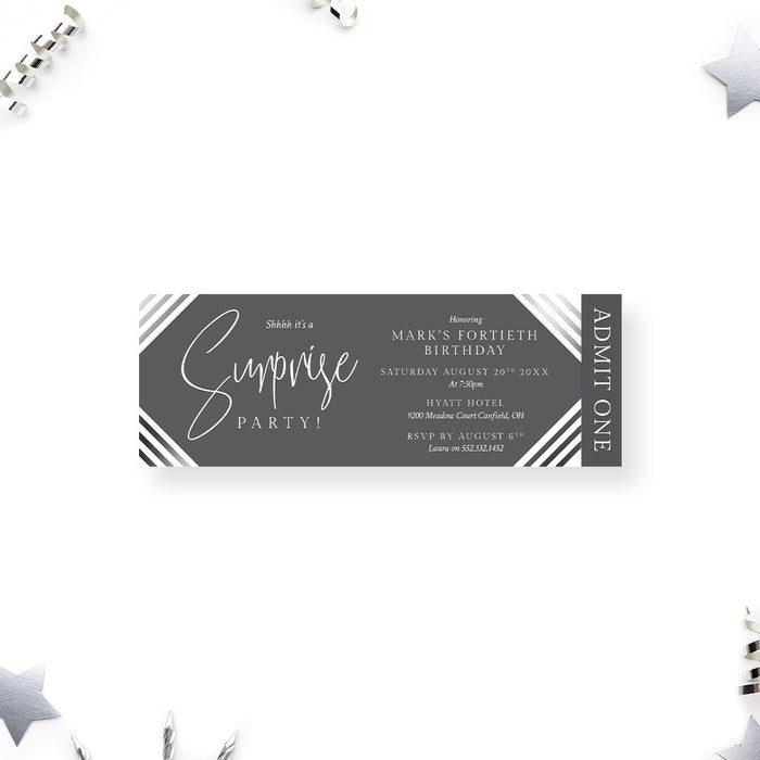 Personalized modern gray surprise 40th birthday ticket invitation for men with party details, diagonal stripes and Admit One wording
