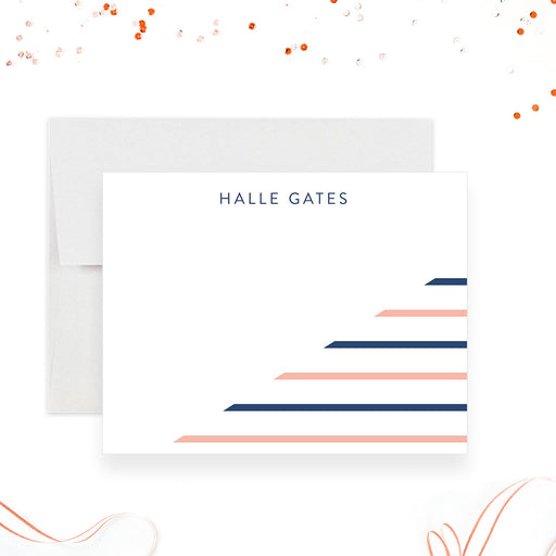 Modern personalized note card with navy and peach stripe design