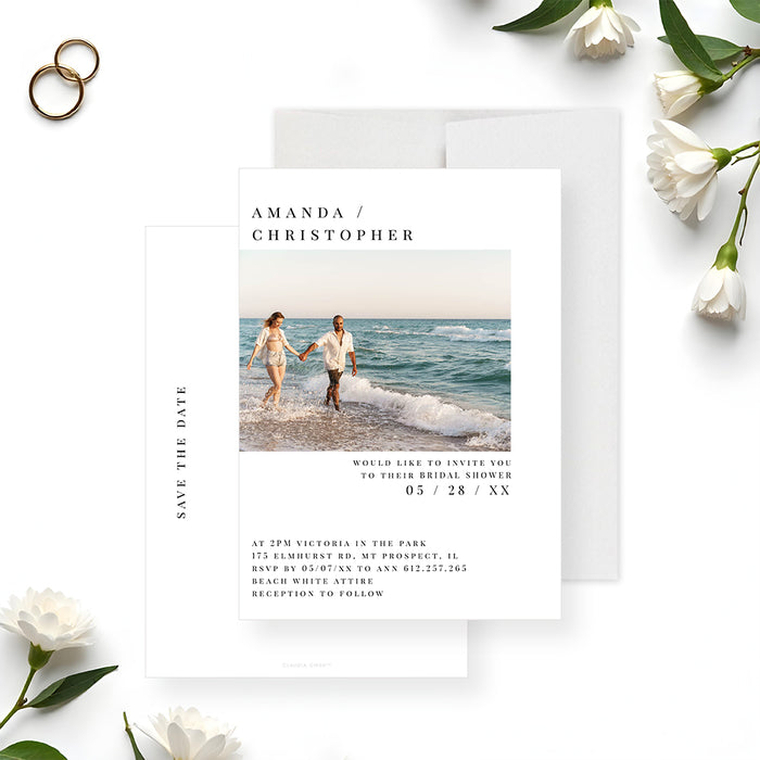 Personalized bridal shower invitation featuring the couple’s photo, contemporary typography, and wedding details.-front-back