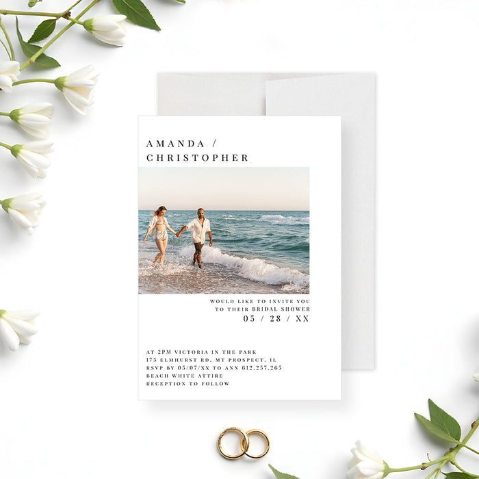 Personalized bridal shower invitation featuring the couple’s photo, contemporary typography, and wedding details.-front