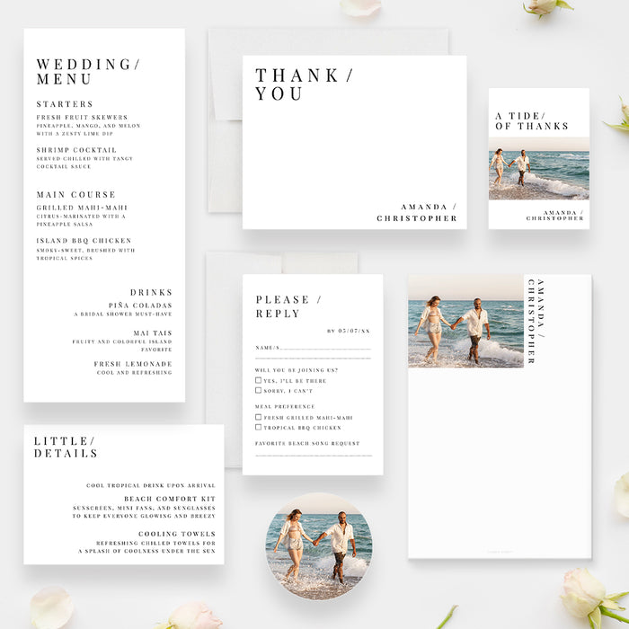 Collection of wedding stationery items including a menu, thank you card, and photo cards on a white background.